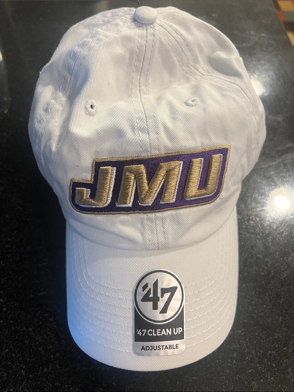 47 White Cap with Purple and Gold JMU Patch - James Madison University